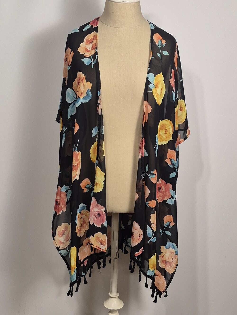 Boho Floral Tassel Kimono Cover Up One Size Lightweight Sheer Cardigan